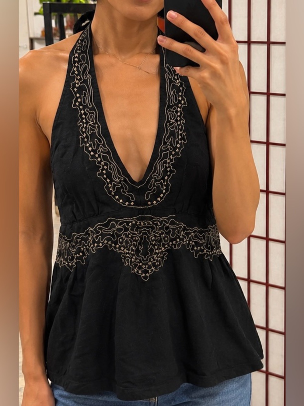 Old Navy Black Embroidered Halter Top Size Small Boho Y2K Festival Tank Linen